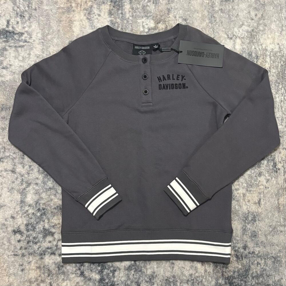 NWT Harley-Davidson Women's Henley Sweatshirt Striped Trim Dark Grey (Small)